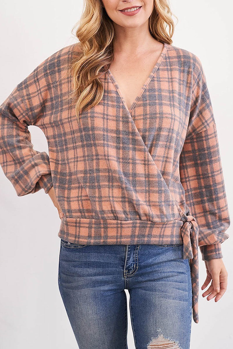 Surplice neckline ribbon tie plaid top (EF2464)