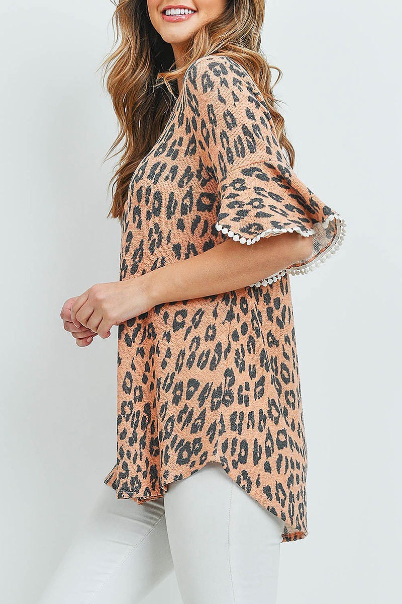 Lace detail bell sleeves leopard top (ED8809)