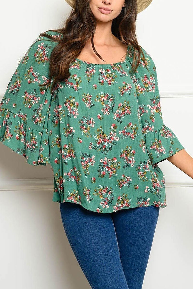 Quarter bell sleeves floral tunic top (EDWT4222)