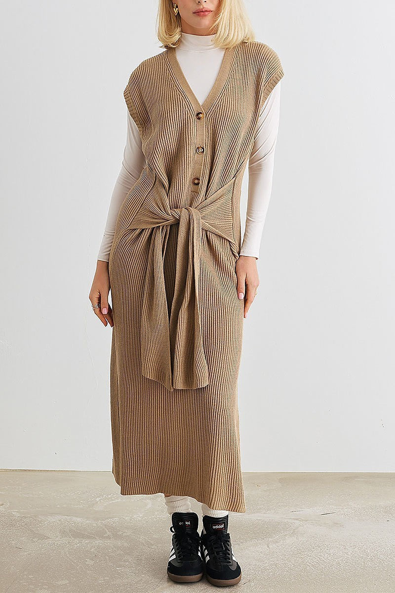 Knit button up belted midi sweater dress (TED1982)