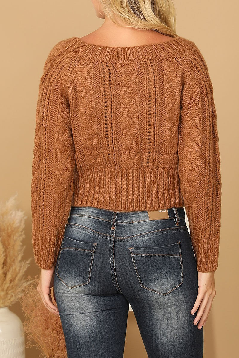 Chunky cable knit off shoulder crop sweater (DGS6722)