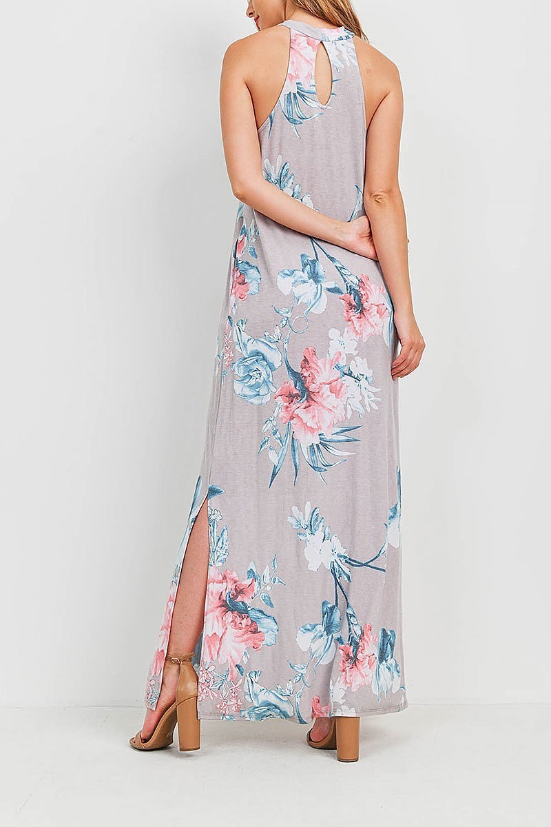 Mock neck floral print pocket maxi dress (DED6367)