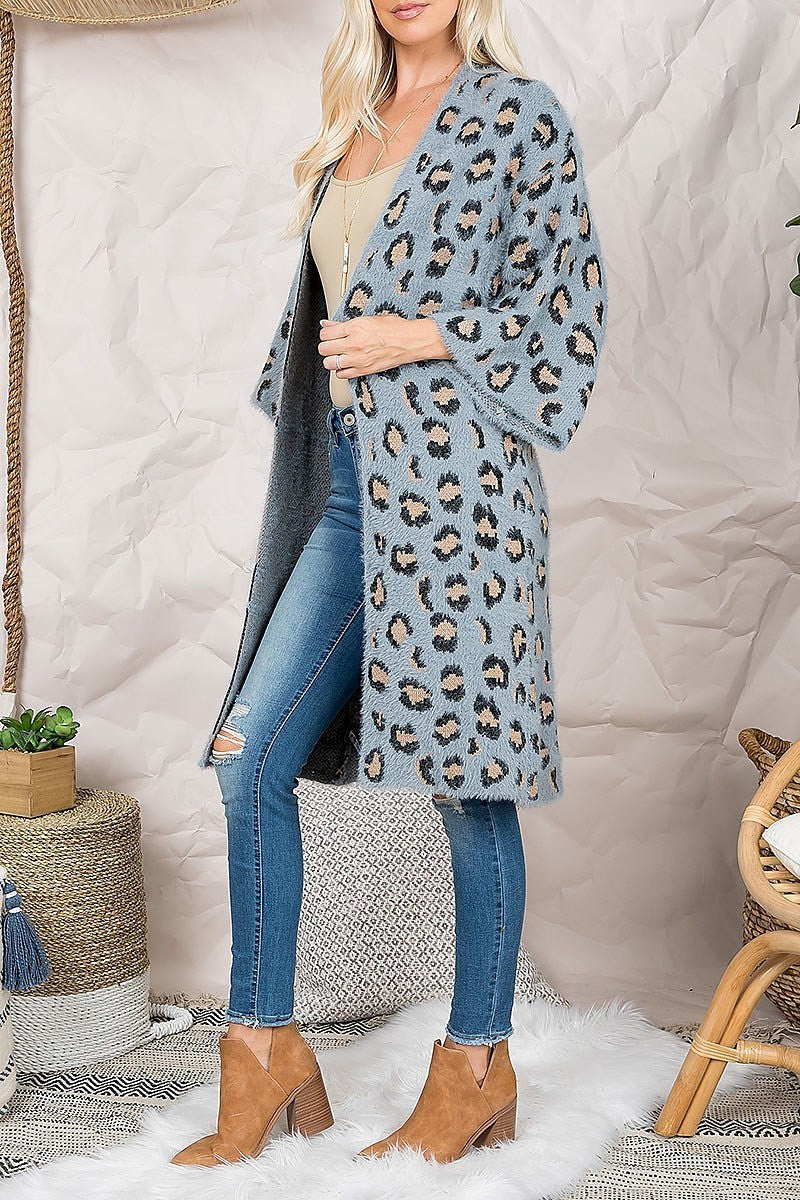 Fuzzy fur leopard print knee length kimono (DGS5534)