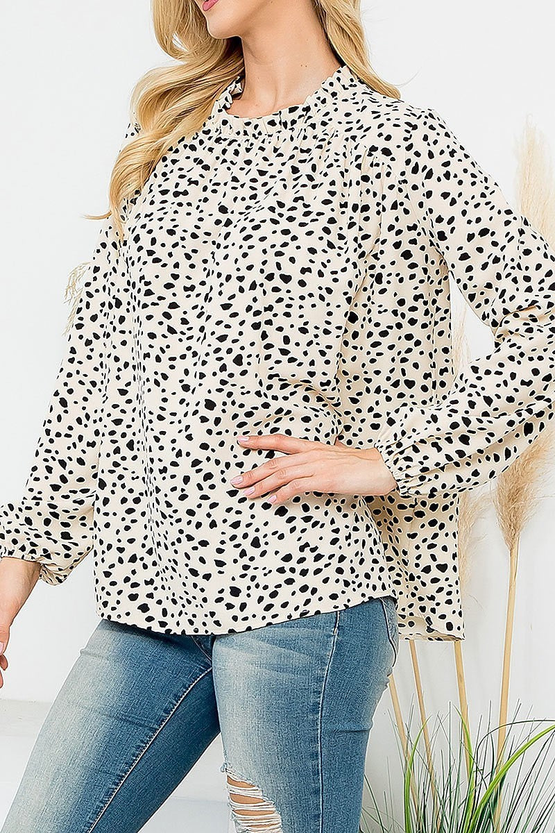 Puff sleeve merrow neckline animal print woven top (EF6829)