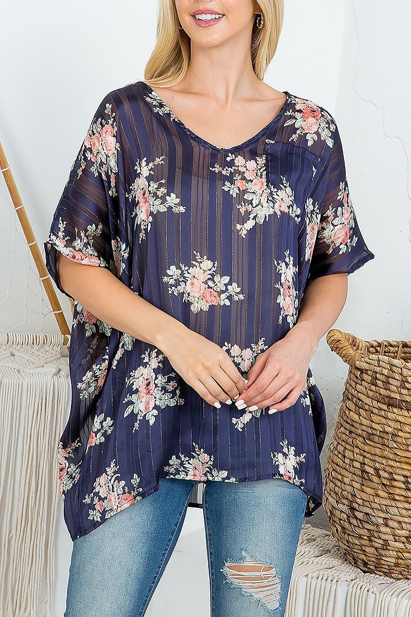 Stripe floral loose fit sheer top (EF4453)