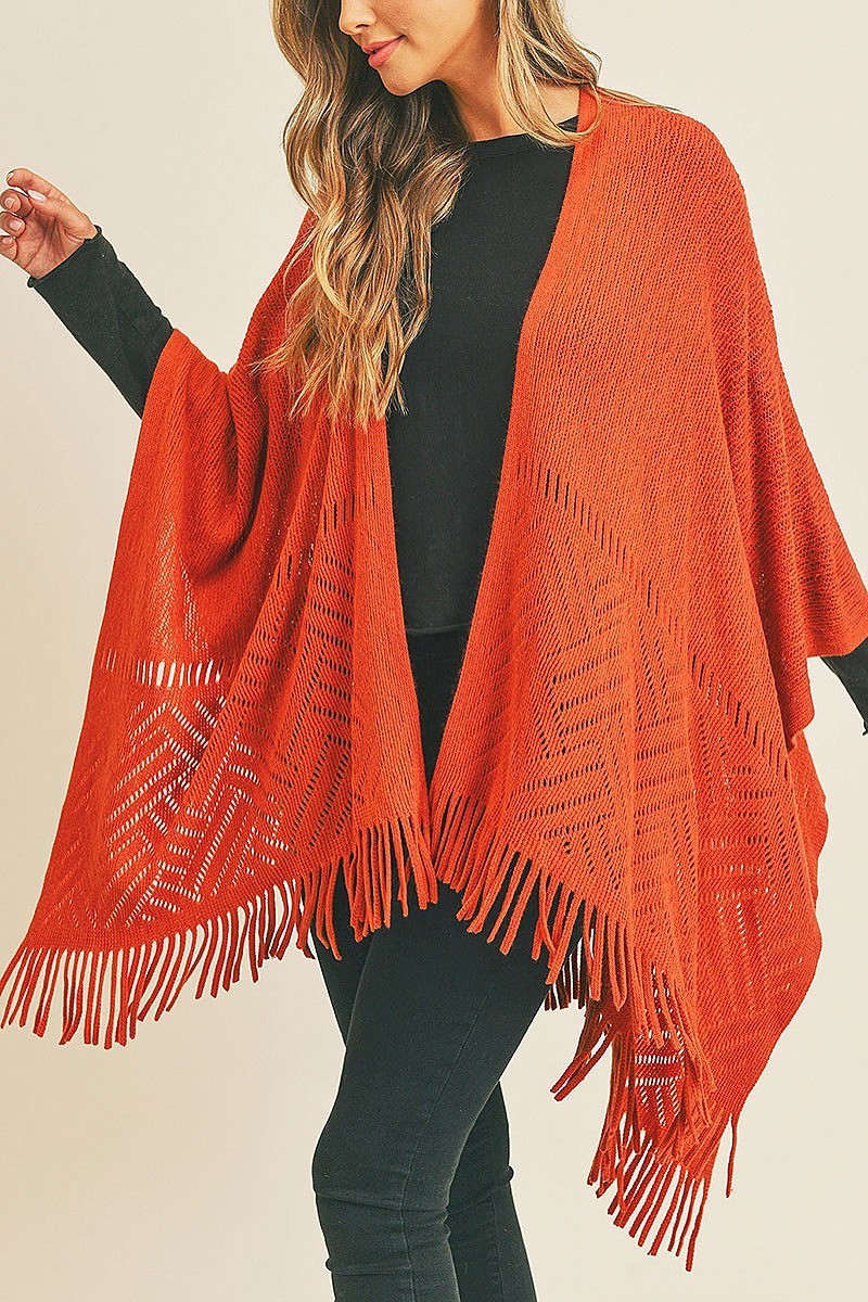 Herringbone knit fringe ruana kimono fringe (DGS5738)