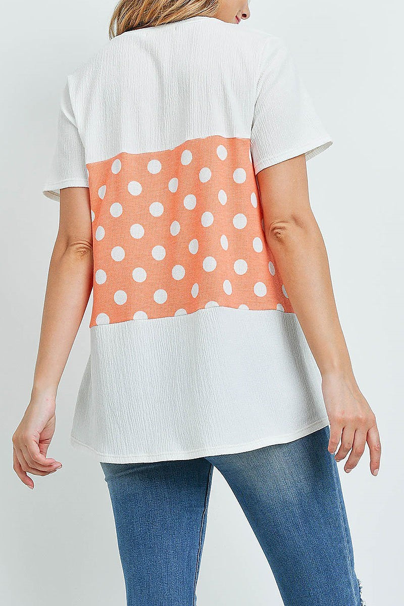 Polka dot contrast round neck top (ED9910)