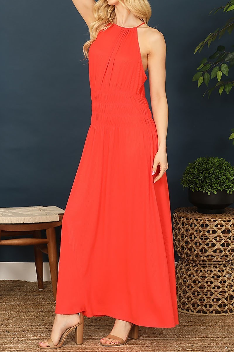 Halter neck elastic waist solid maxi dress (DED9269)