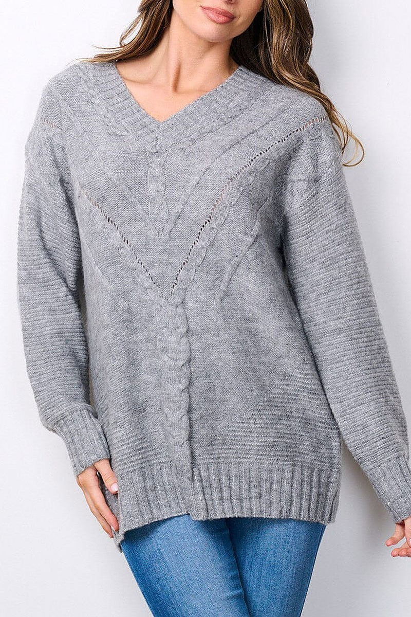 Long sleeve v-neck knitted sweater (EFWT7492)