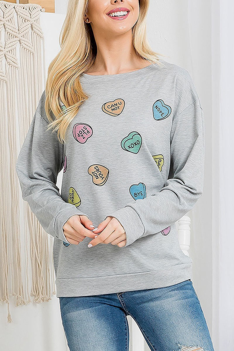 Multi hearts print cuffed long sleeve sweater top (EF3157)