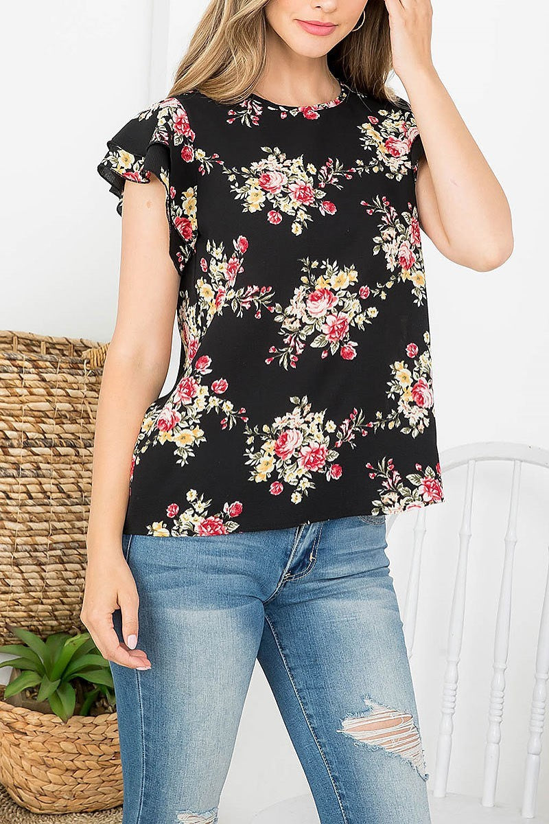 Floral ruffle sleeve round neck blouse (EF4375)