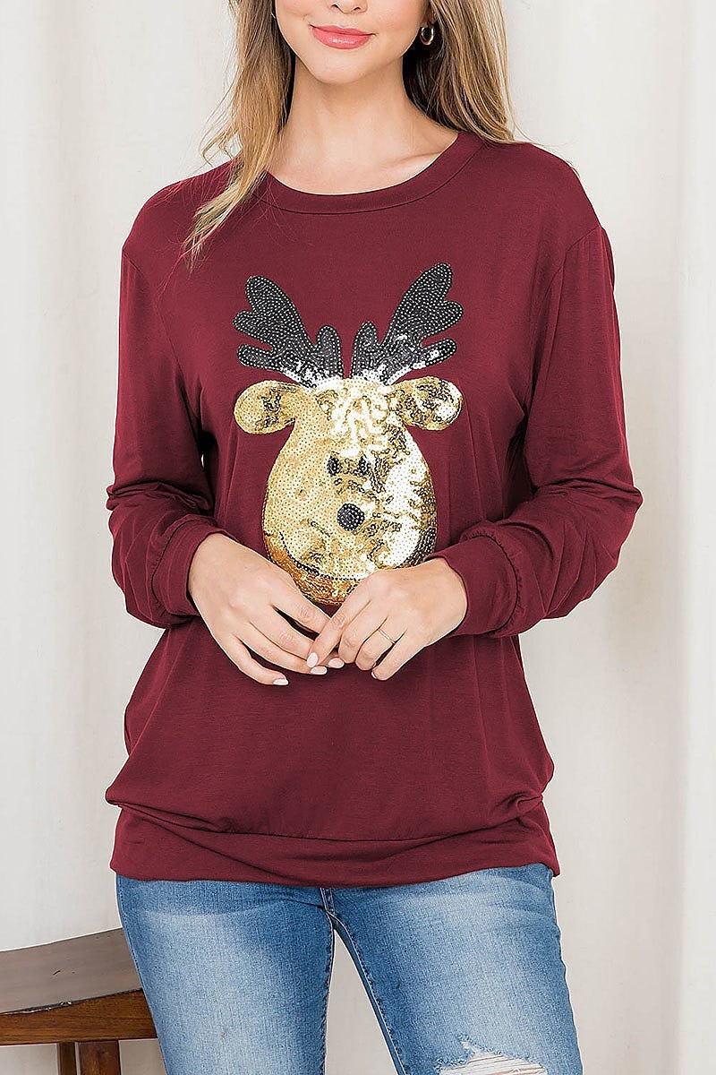 Sequin moose print long sleeve top (EF2700)