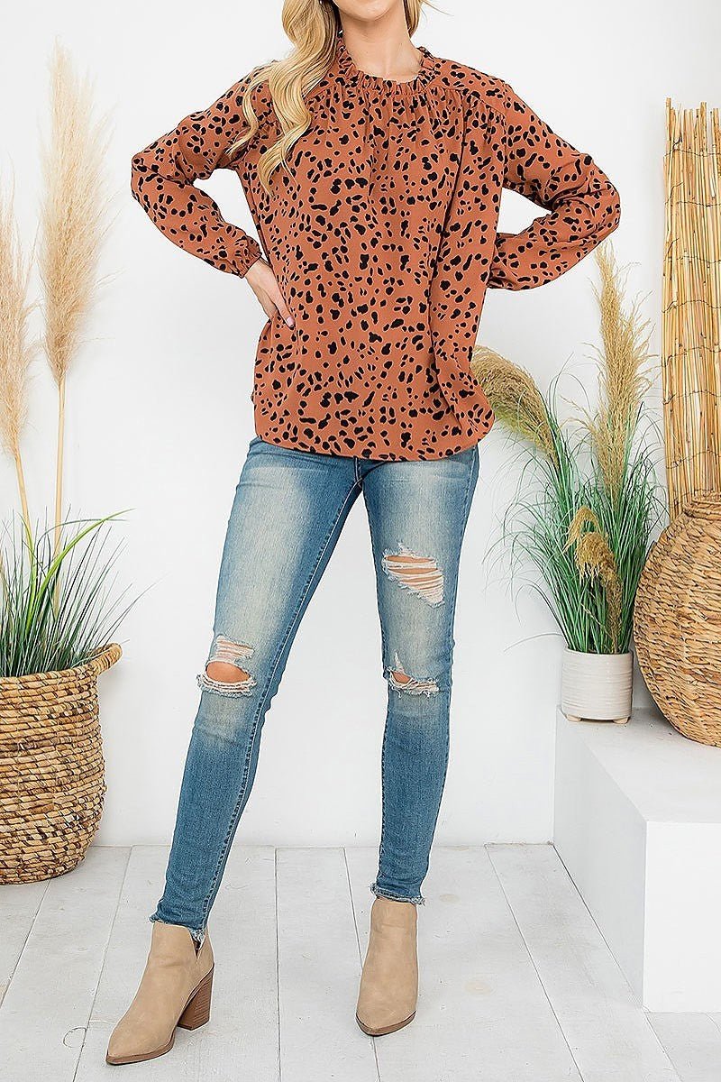 Puff sleeve merrow neckline animal print woven top (EF6828)