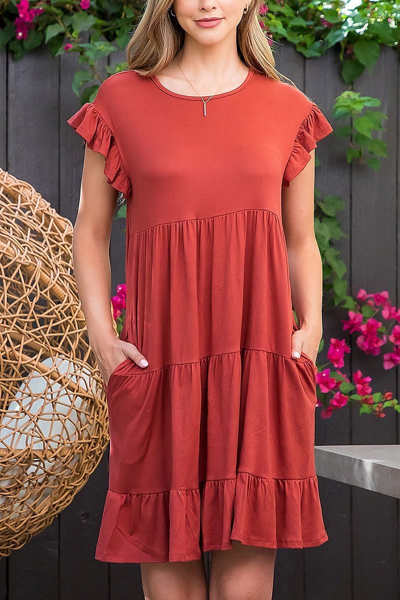 Ruffle short sleeve tiered solid dress (DED8372)