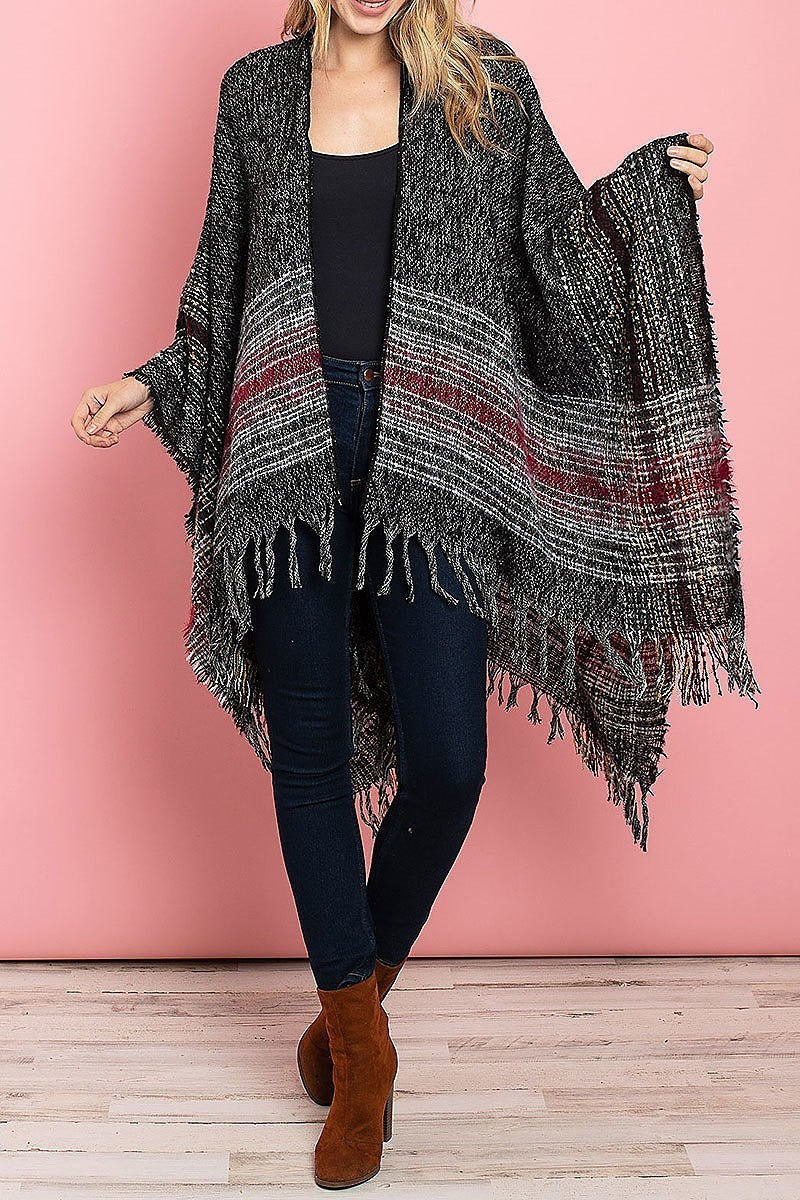 Fringe detail loose fit poncho sweater (DGS4917)