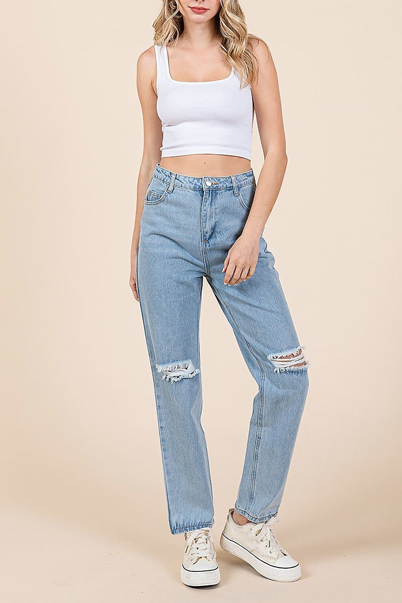 High waist distressed straight leg jeans (EDH2088)