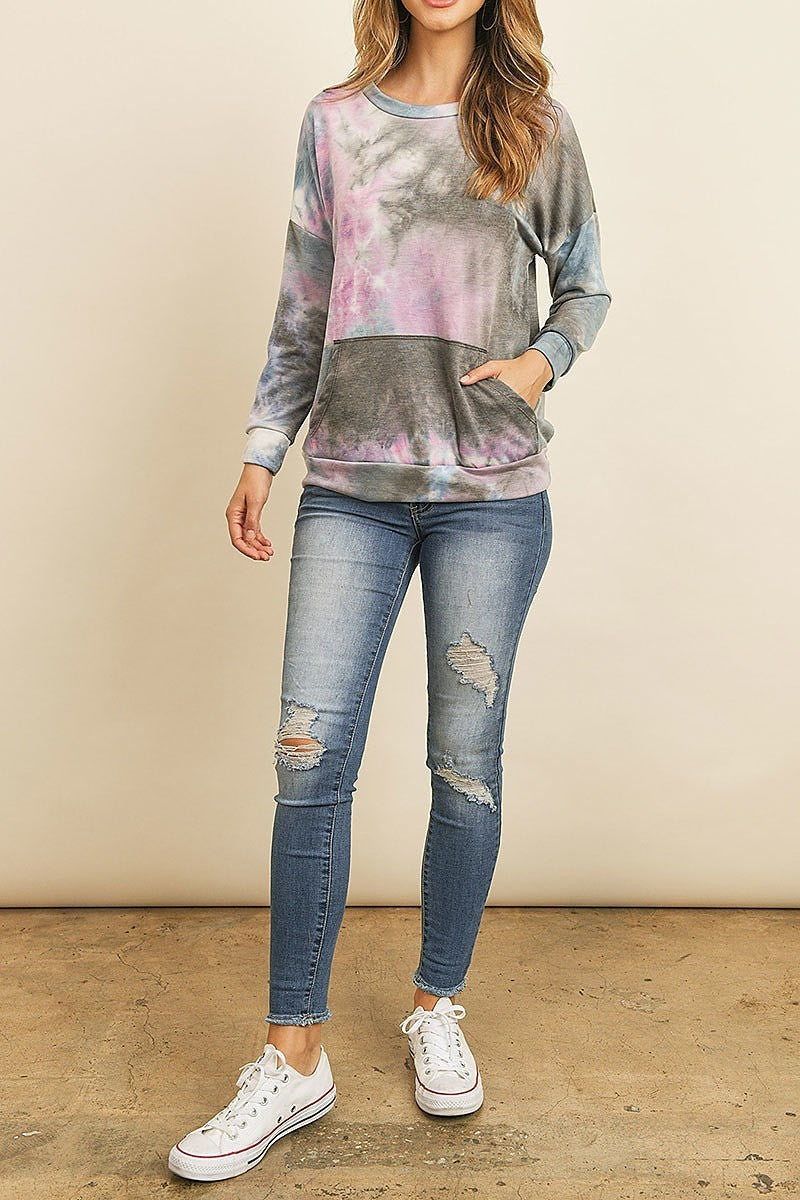 Fleeced french terry tie dye pullover with kangaroo pockets (ED8381-1-1)