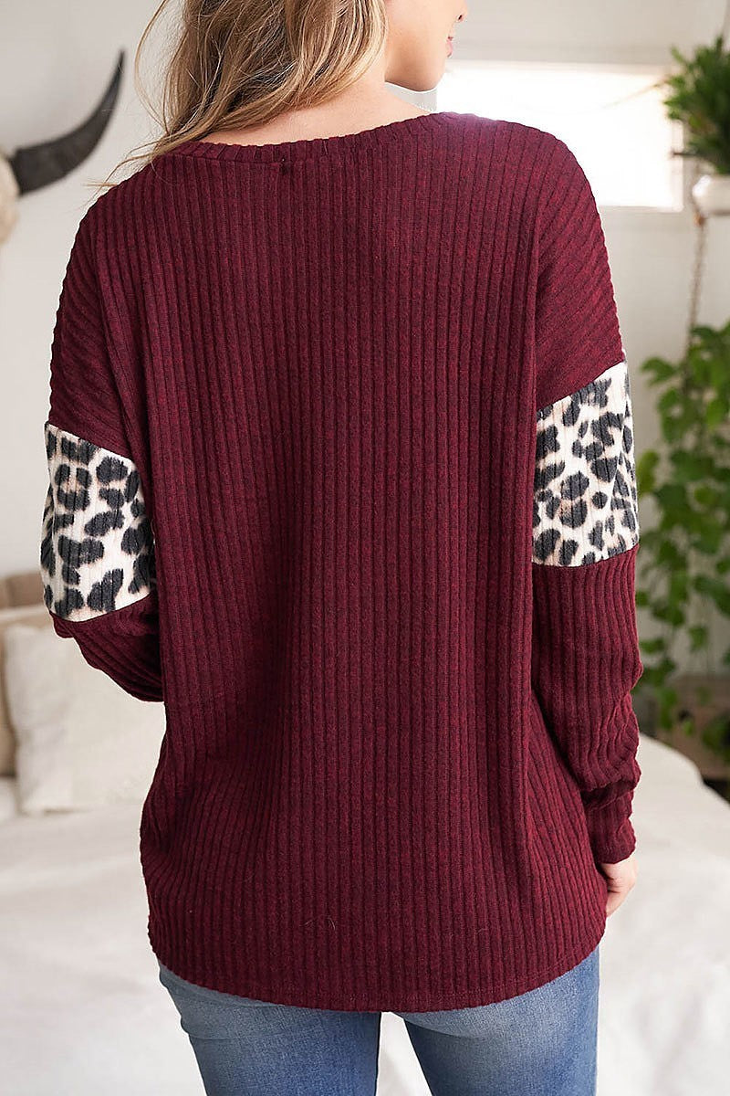 Leopard sleeve detail round neck top (EF2223-REST)