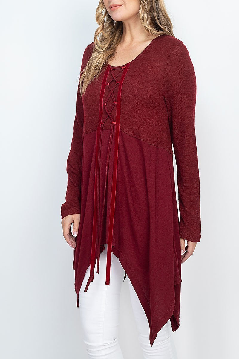 Velvet tape lace up center detail asymmetrical hem tunic top (EF1313)