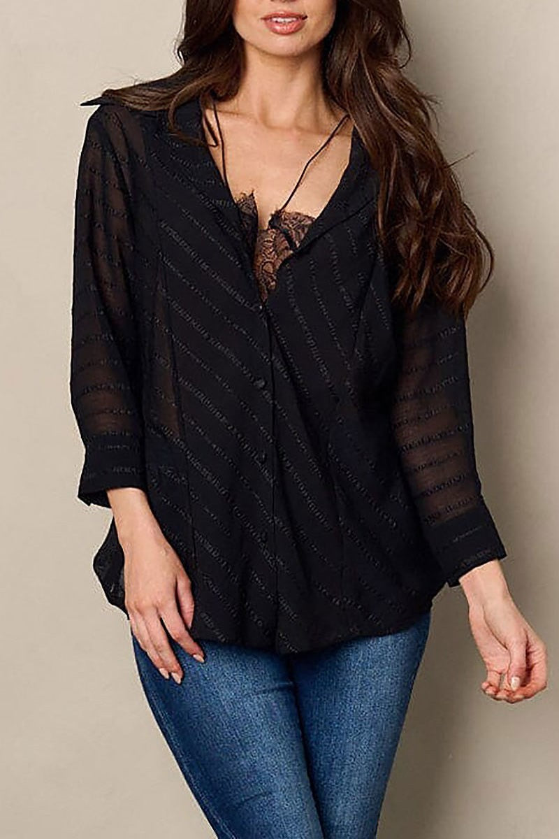 Quarter sleeve button up lace blouse top (EFWT2238)