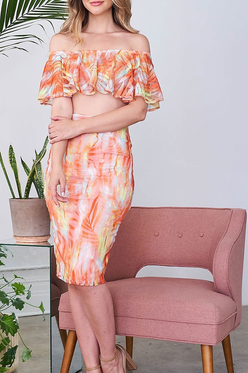 Tropical print off shoulder top and skirt set (EF3448)