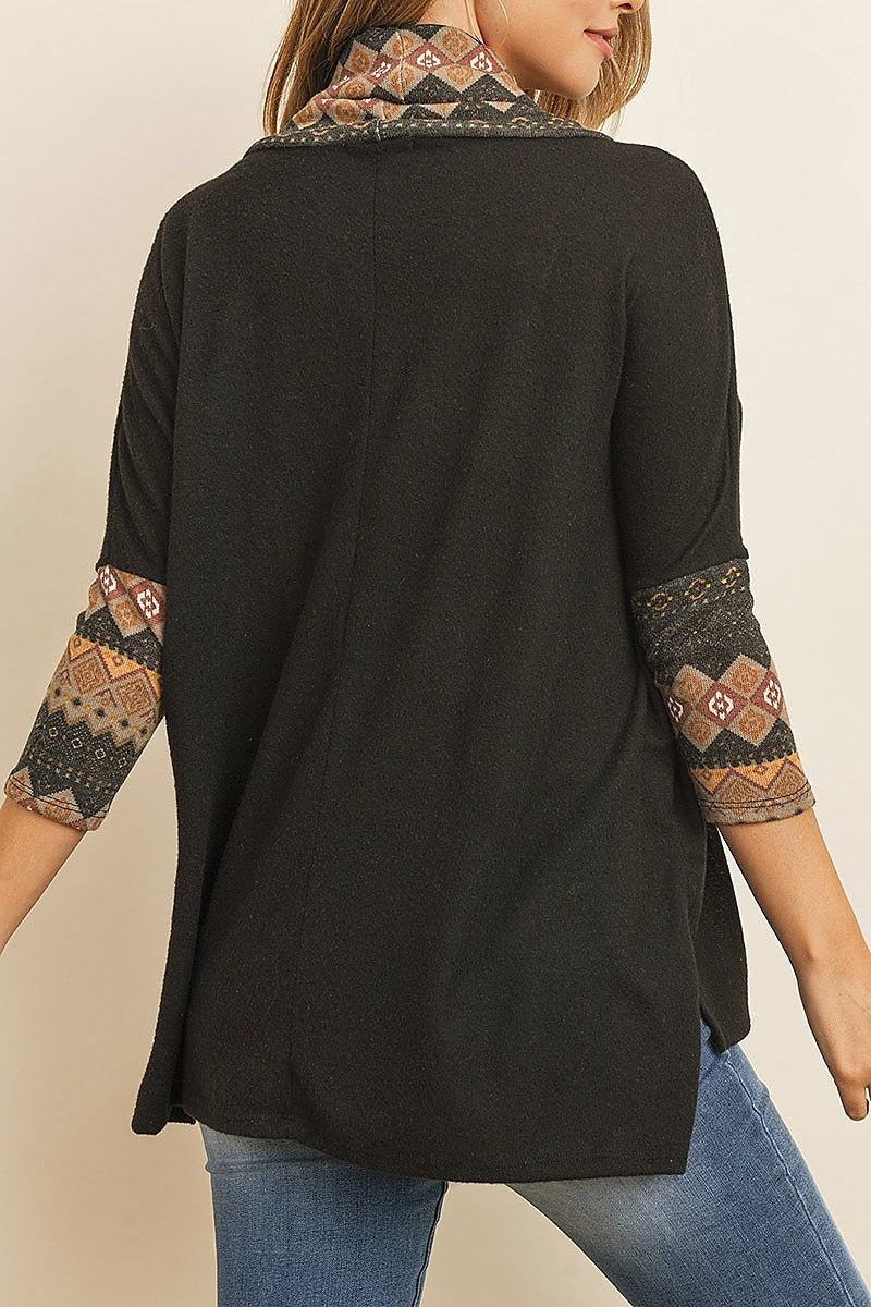 Quarter sleeve cowl neck contrast top (ED8091-1)