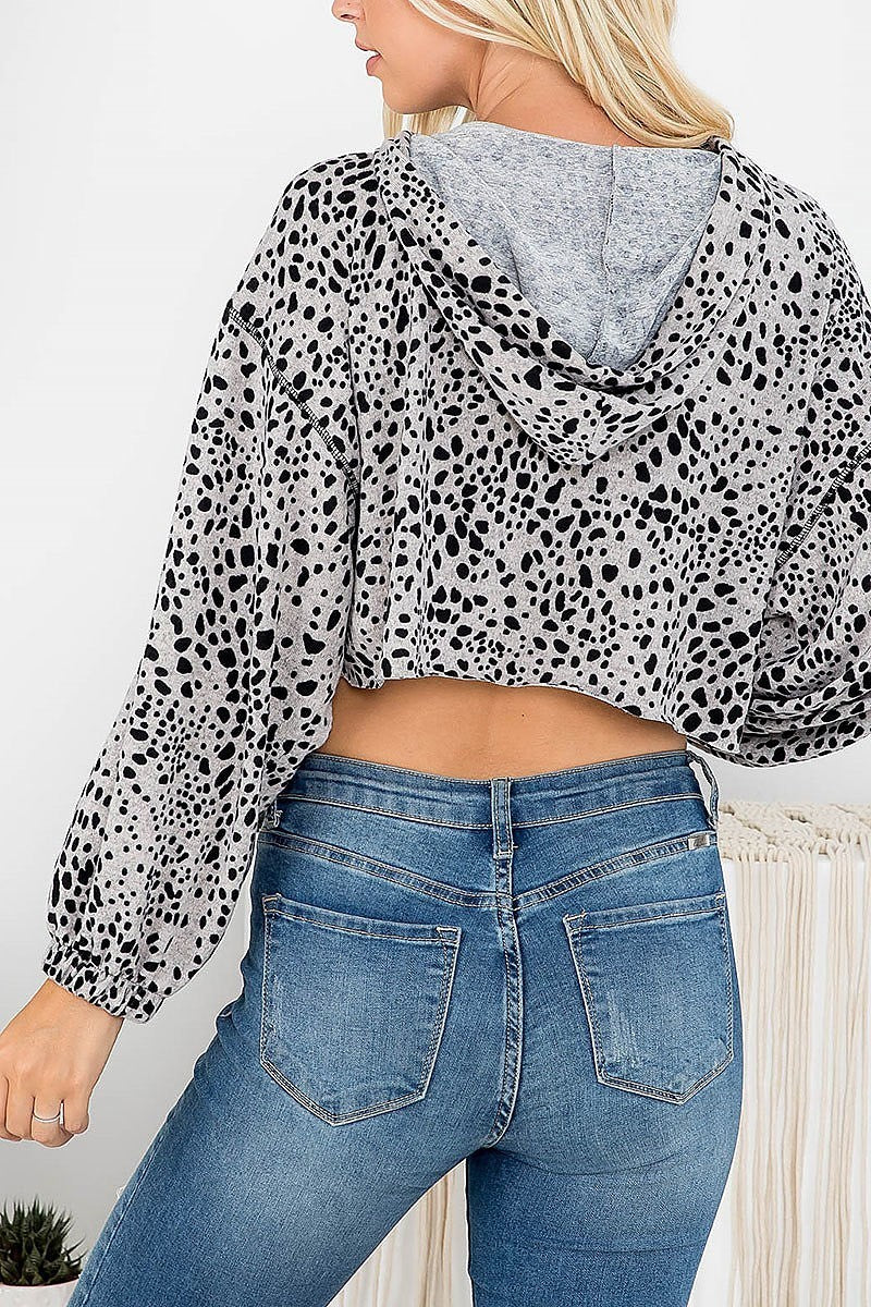 Bubble sleeve animal print hoodie crop top (EF2149)