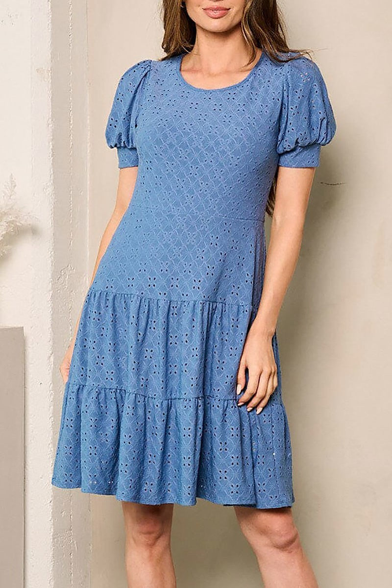 Short puff sleeves eyelet detailed mini dress (EFWT4242)