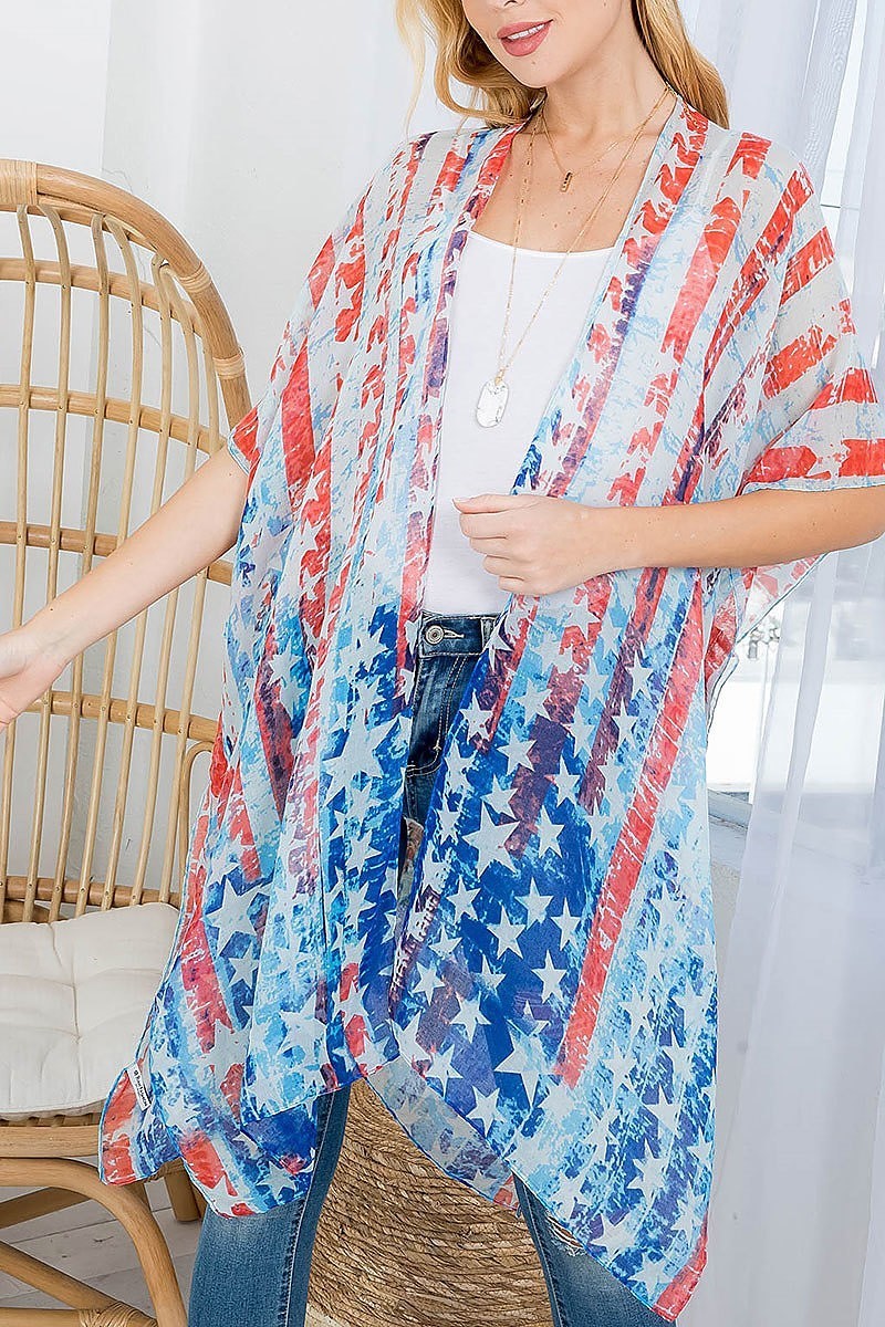 American flag open front knee length kimono (EF4363)