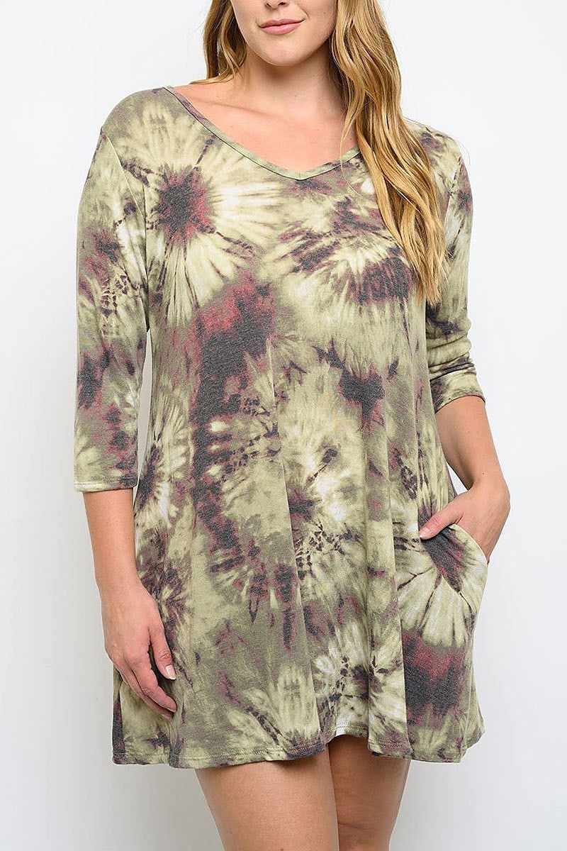 Quarter sleeve tie dye tunic mini dress (EDWT3123-PLUS)