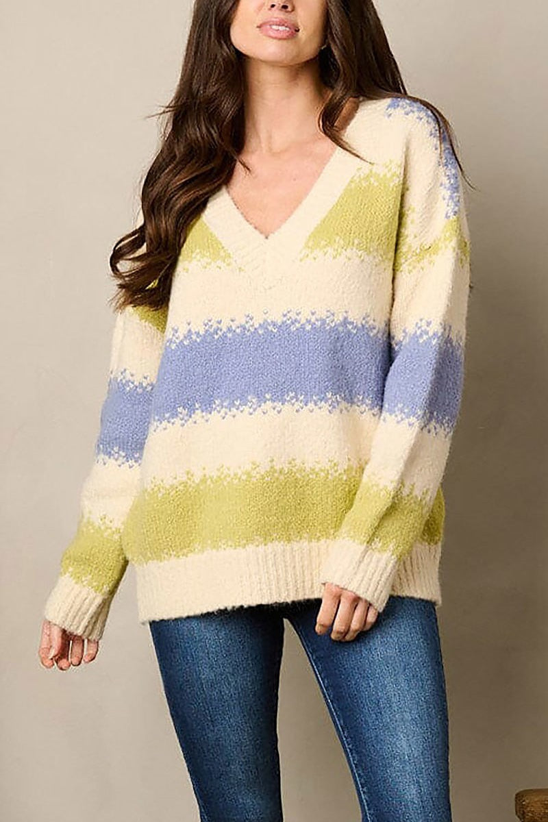 Long sleeve v-neck knit colorblock sweater (EFWT1929)