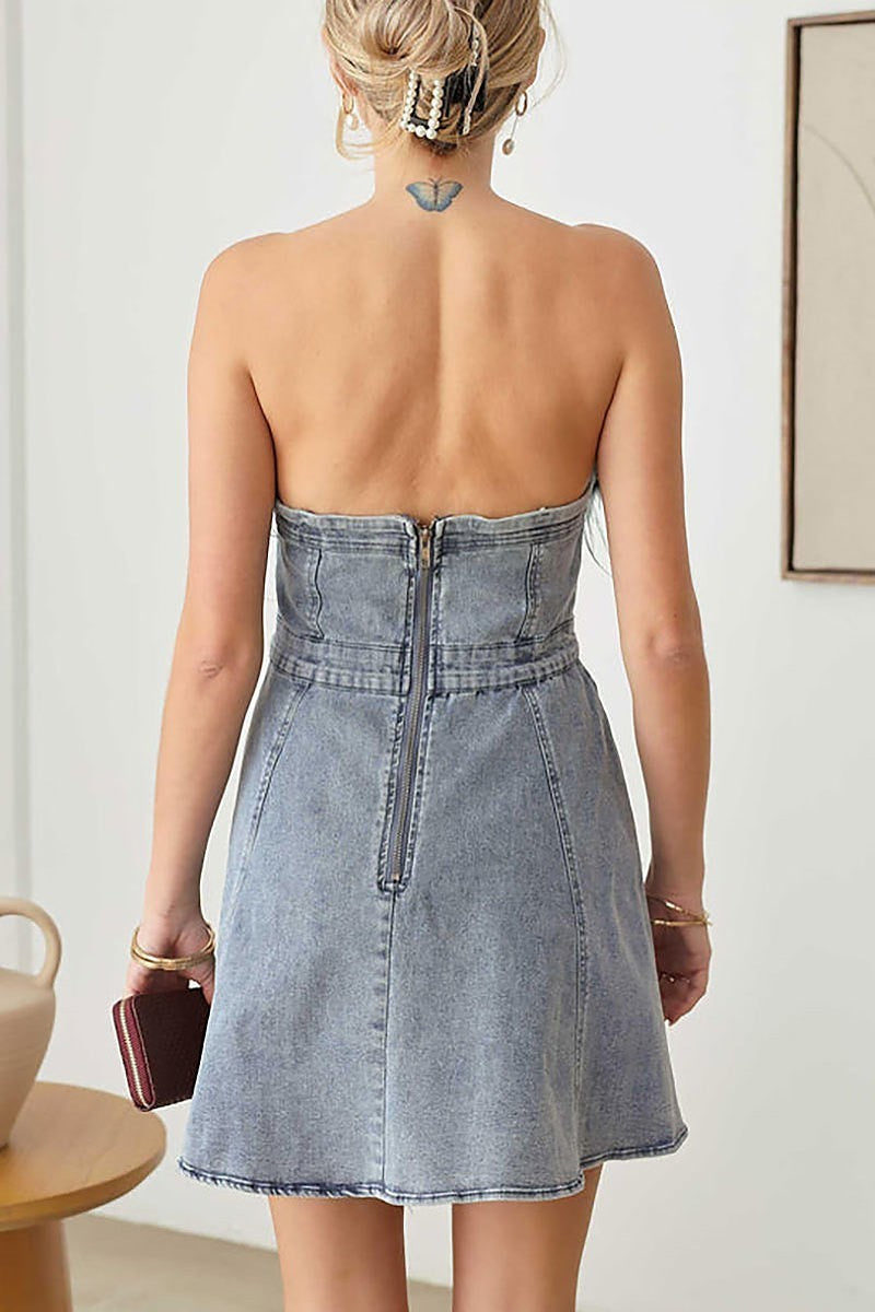 Strapless feather trim denim mini dress (TED2607)