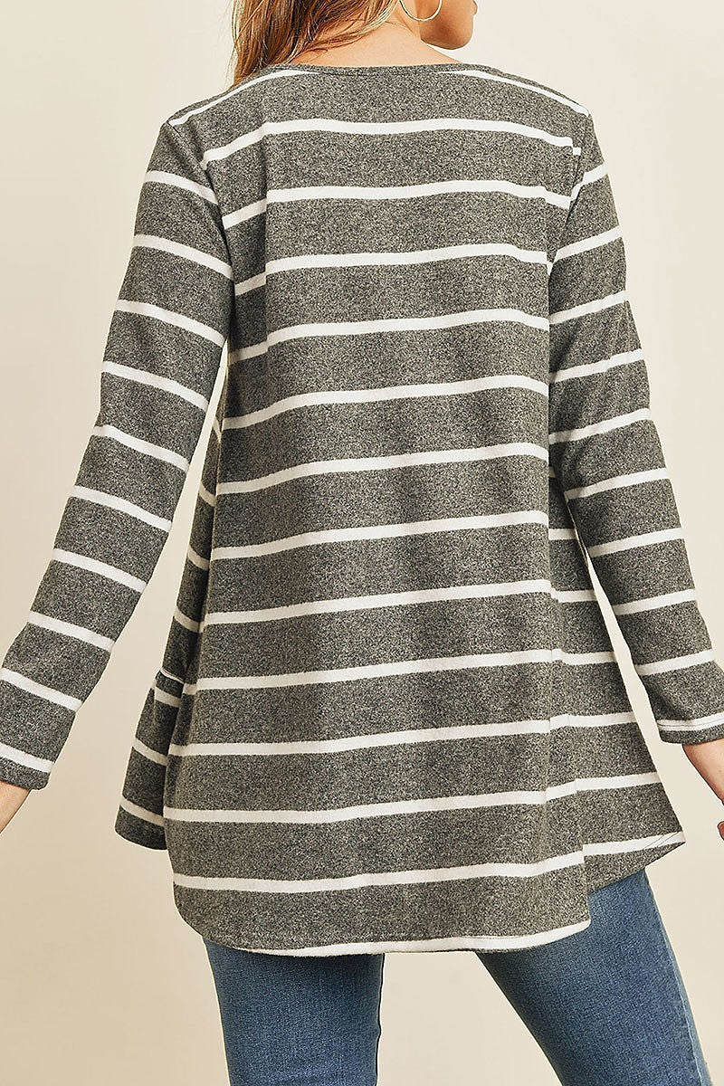 Stripe long sleeve ruffle detail hem tunic (ED8304-1)