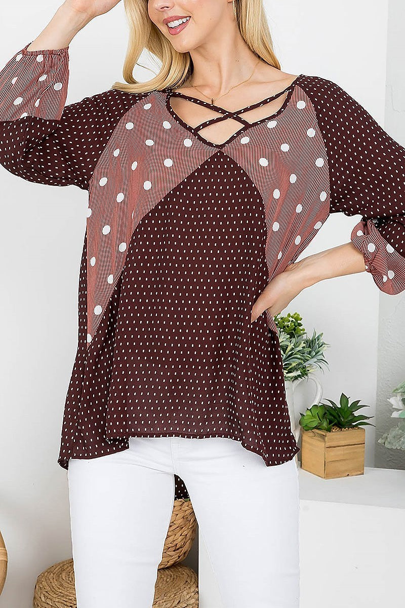 Mix polka dot print crisscrossed neck loose fit top (EF4221)