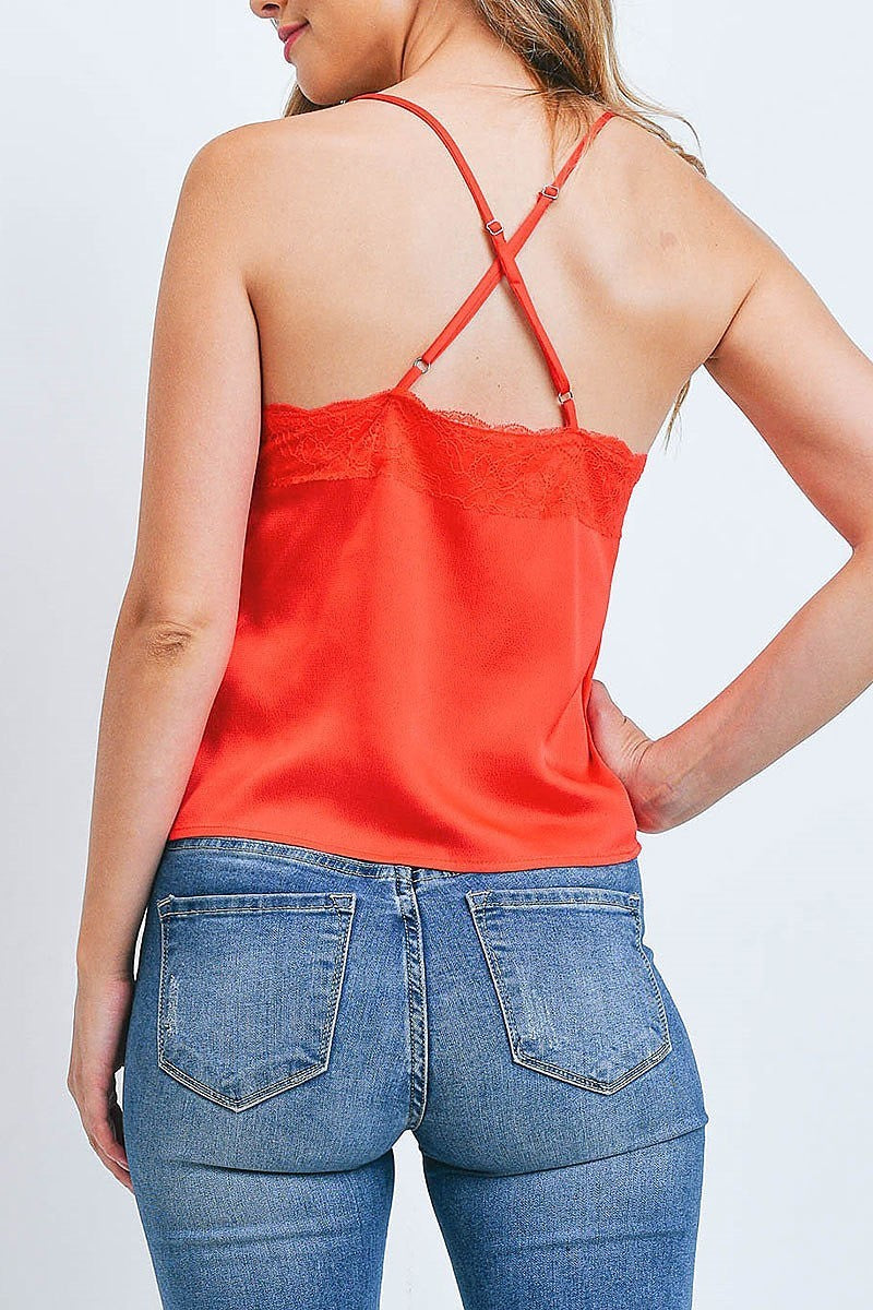 Button front lace trimmed cami top (EF2247)