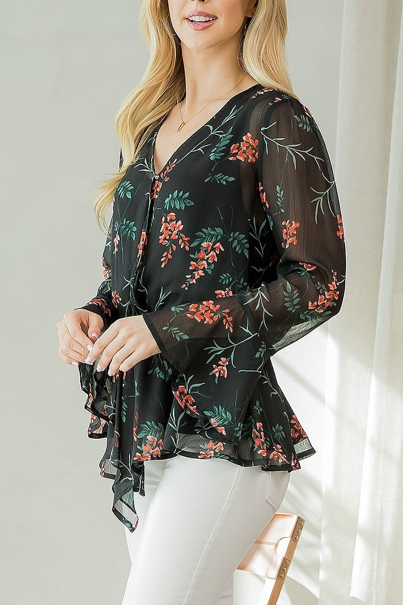 Sheer bell sleeve flroal print top (EF3939)