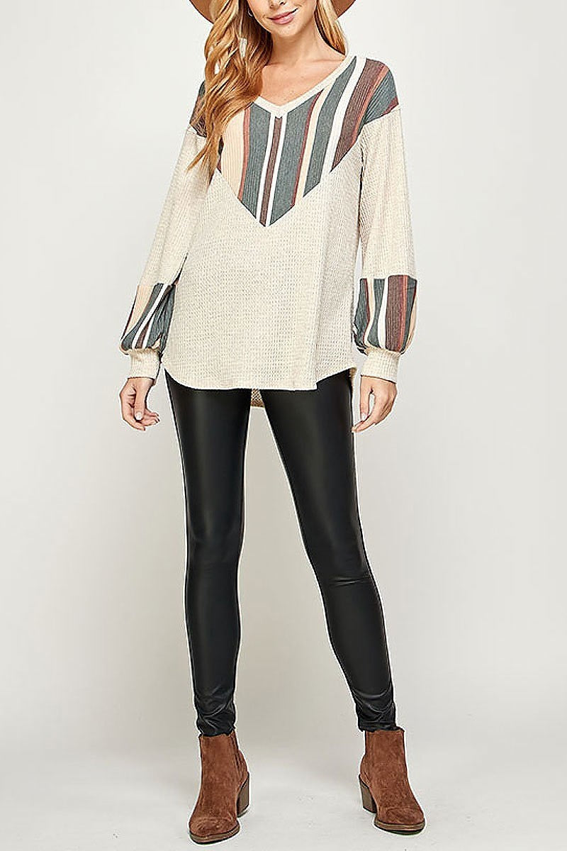 Stripe color block bubble sleeve top (EF2373)