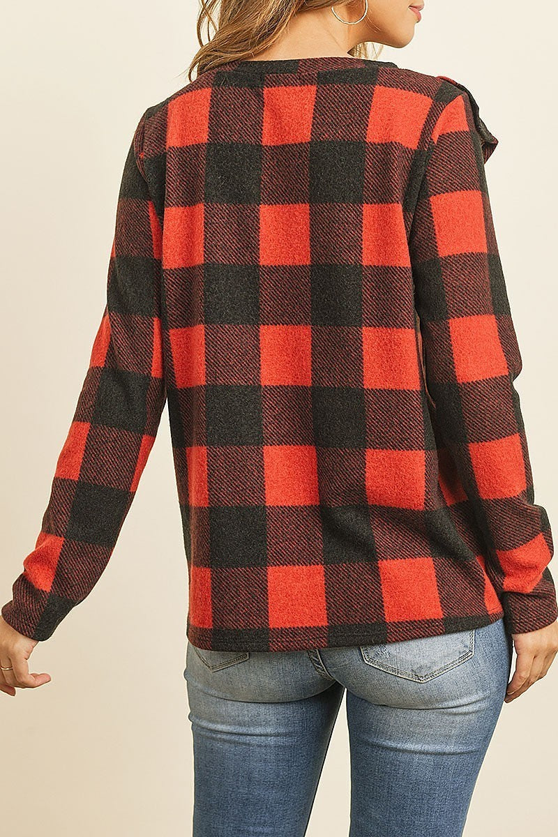 Brushed plaid ruffle detail long sleeve top (EF7893)