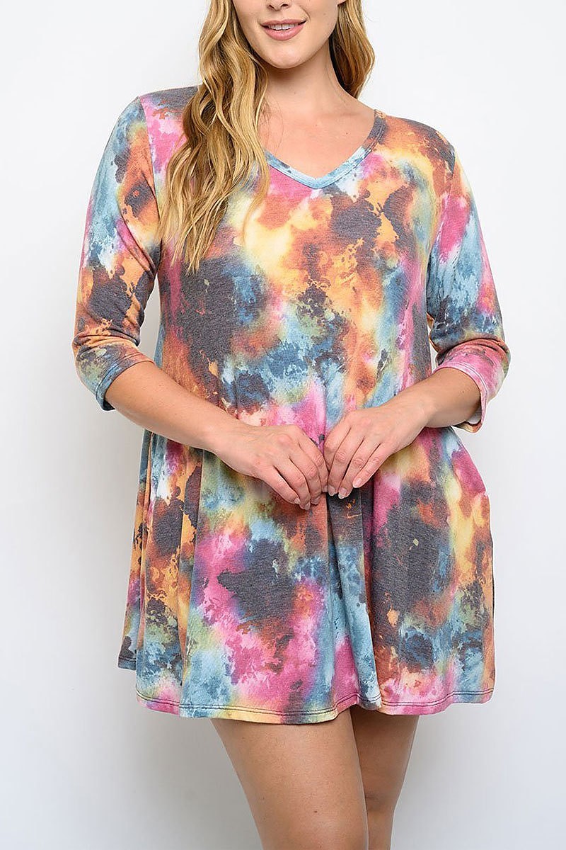 Tie dye v neck pocket dress (EDWT3089)