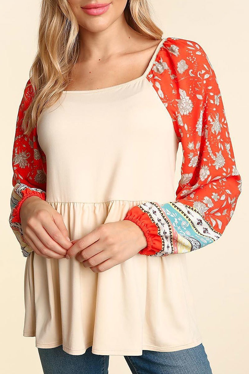 Boho floral woven babydoll solid knit top (ETBM4423)