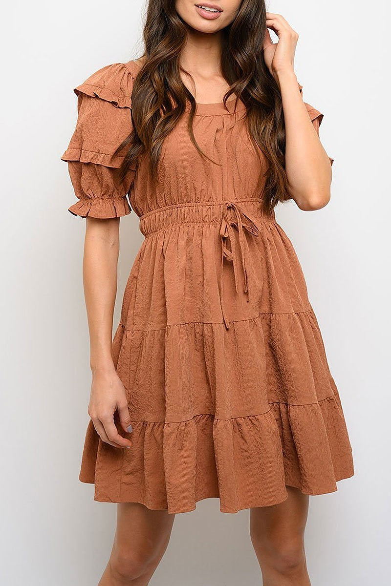 Puff short sleeve smocked waist mini dress (EDWT3375)