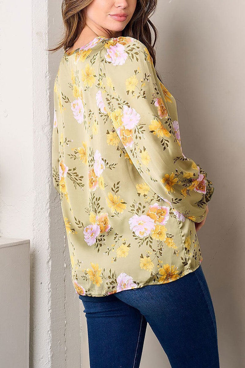 Long sleeve floral satin top (EFWT3001)