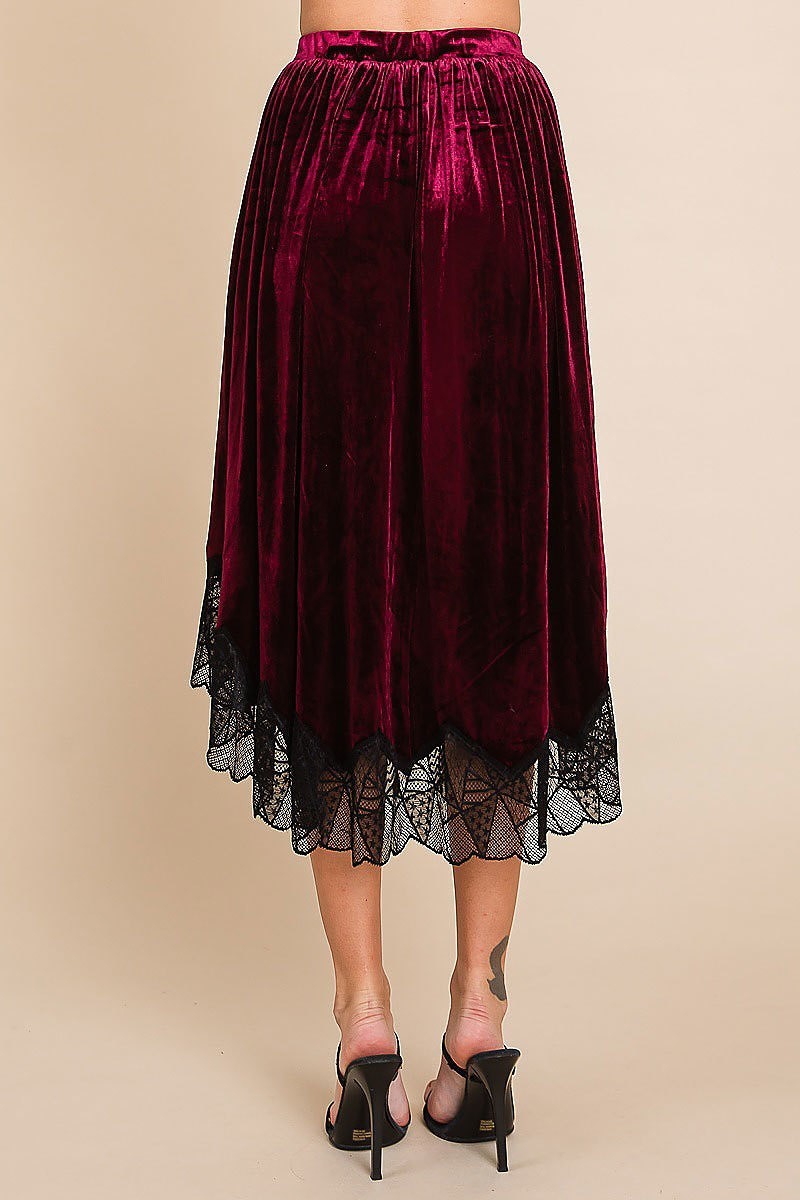 Velvet elastic waistband hi-low midi skirt w lace (EDH1827)