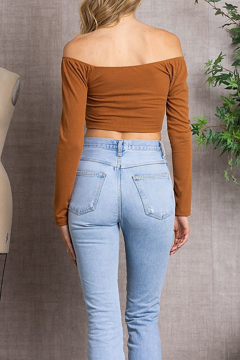 Ribbed long sleeves v-cut hemline crop top (EDSW3375)