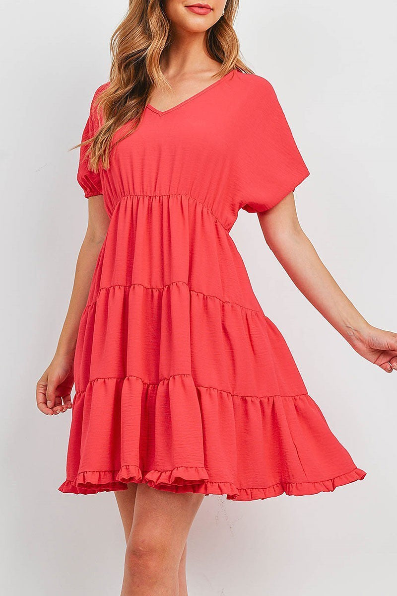 Puff sleeve v neck tiered ruffle a line dress (DED9817)