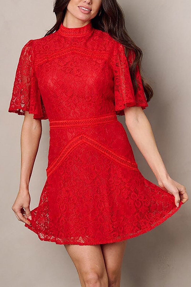 Short sleeve mock neck lace mini dress (EFWT2284)