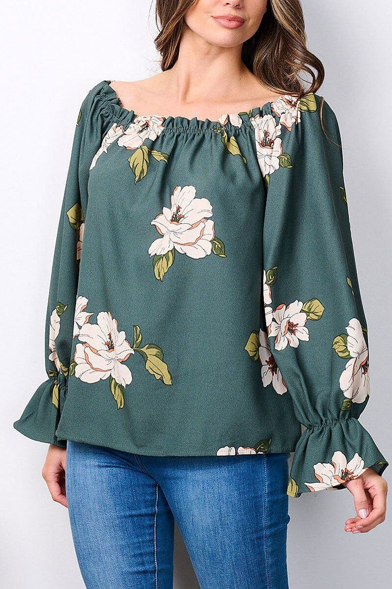 Long sleeve elastic neck floral blouse top (EFWT7481)