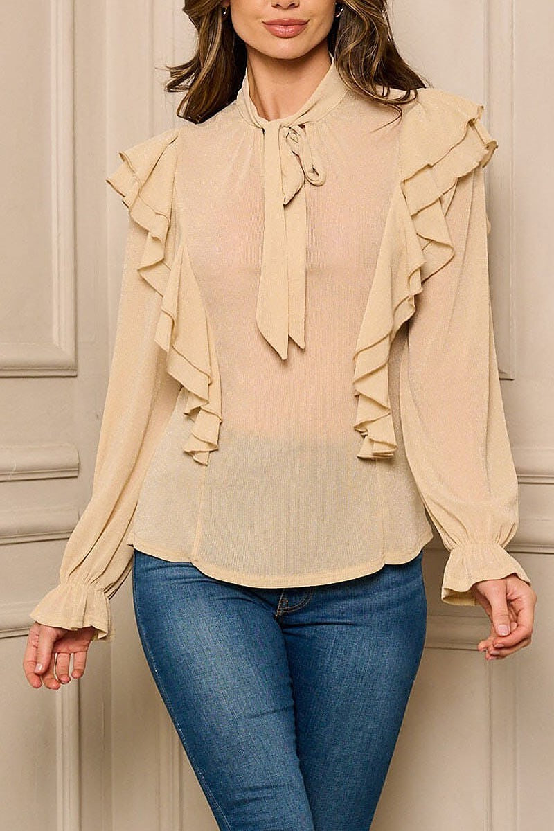 Long sleeve ruffle shimmer blouse top (EFWT5056)