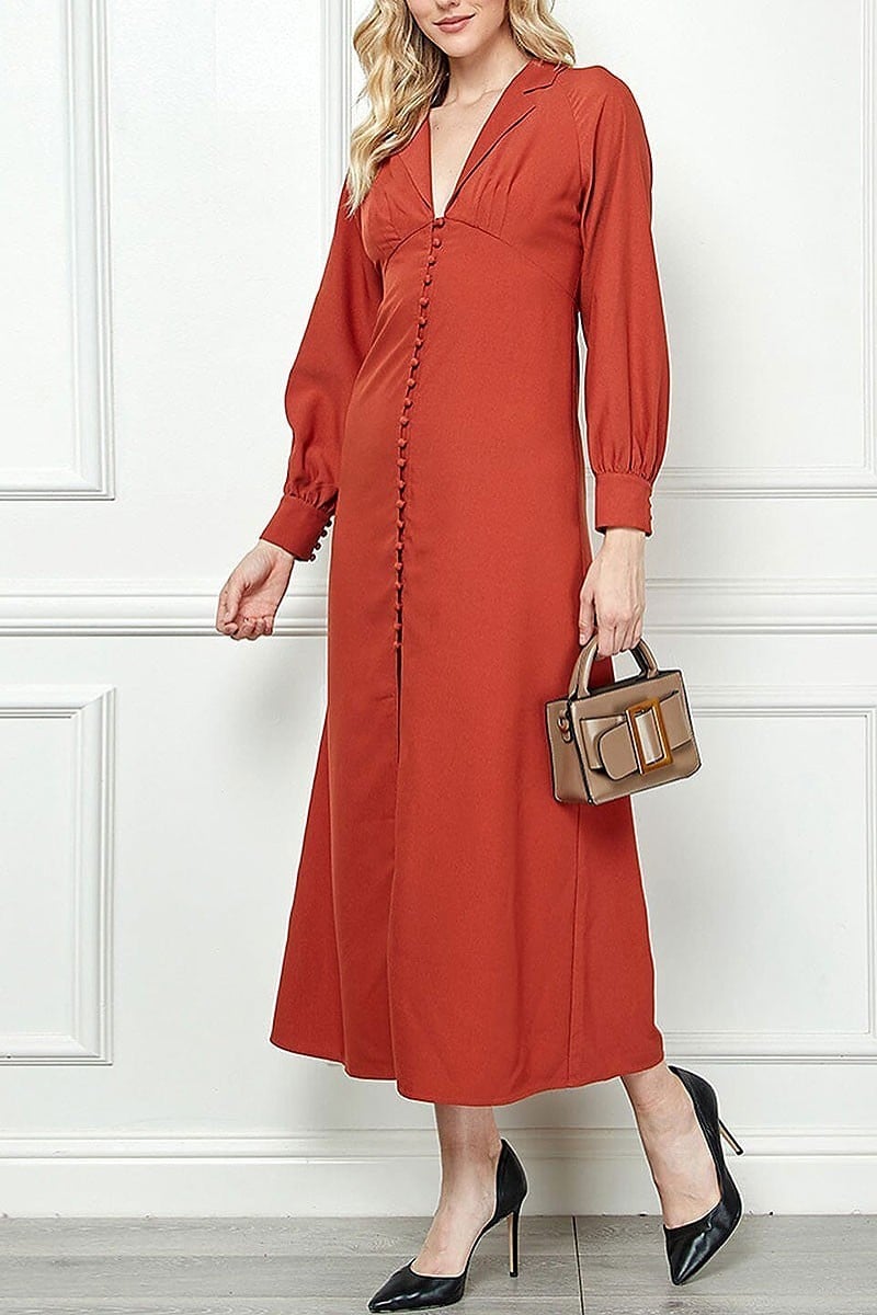 Long sleeve v-neck button up maxi dress (EGWT1335)