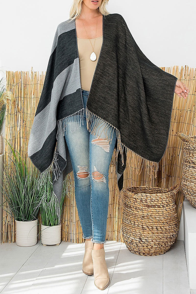 Stripes print fringe open front kimono (DGS6185)